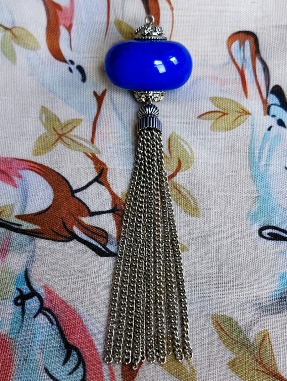 Chunky Large Indigo Lapis Blue Color Lucite Silver Tone Vintage Tassel Pendant
